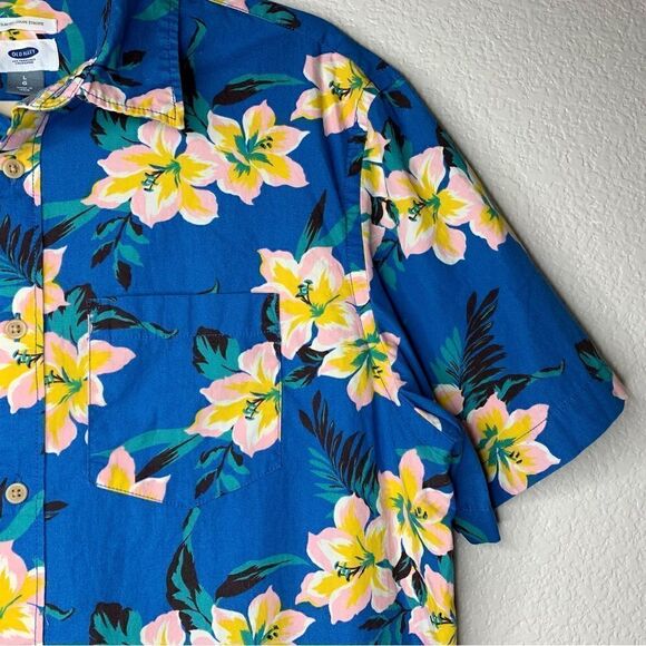 Old Navy Men’s Slim Fit Coupe Blue Hawaiian Short Sleeves Button Down Shirt - Picture 3 of 12